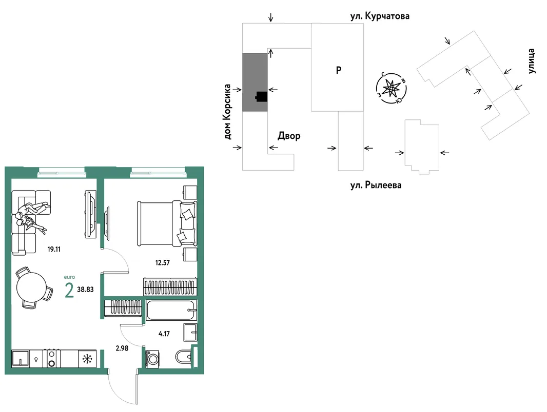 Планировка 2-комн. квартира, 38.83 м² ЖК «Остров-сад»