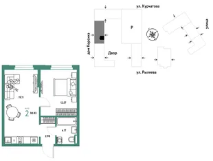 Планировка 2-комн. квартира, 38.83 м² ЖК «Остров-сад»