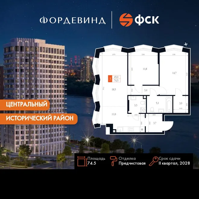 Планировка 3-комн. квартира, 74.5 м² ЖК «Фордевинд» Планировка 3-комн. квартира, 74.5 м² ЖК «Фордевинд»