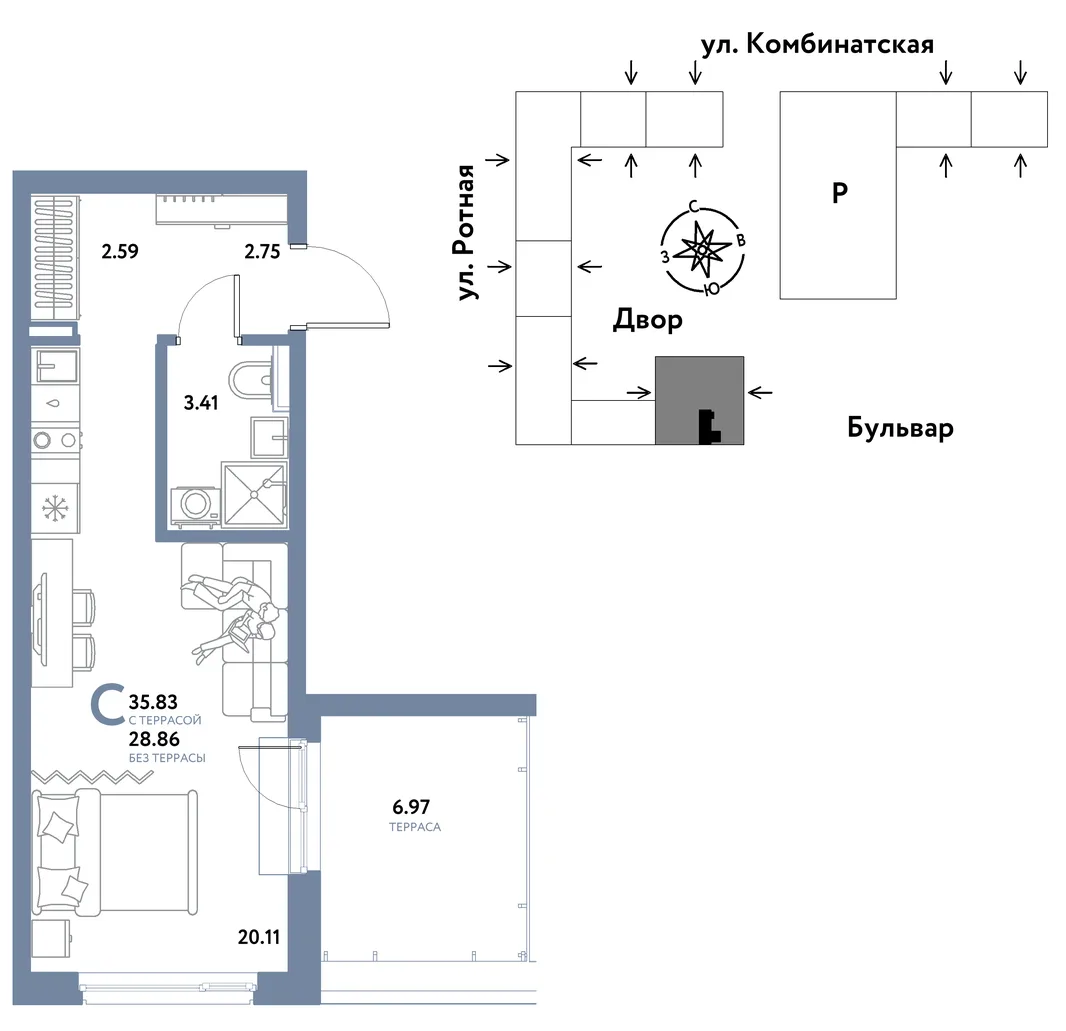 Планировка Студия, 35.83 м² ЖК «Уральский сад»