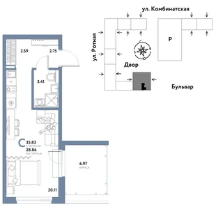 Планировка Студия, 35.83 м² ЖК «Уральский сад»