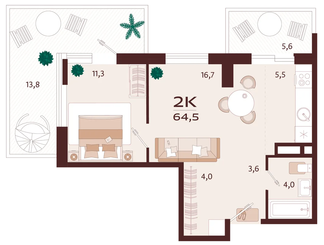 Планировка 2-комн. квартира, 64.5 м² ЖК «Роялта»