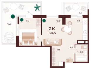 Планировка 2-комн. квартира, 64.5 м² ЖК «Роялта»