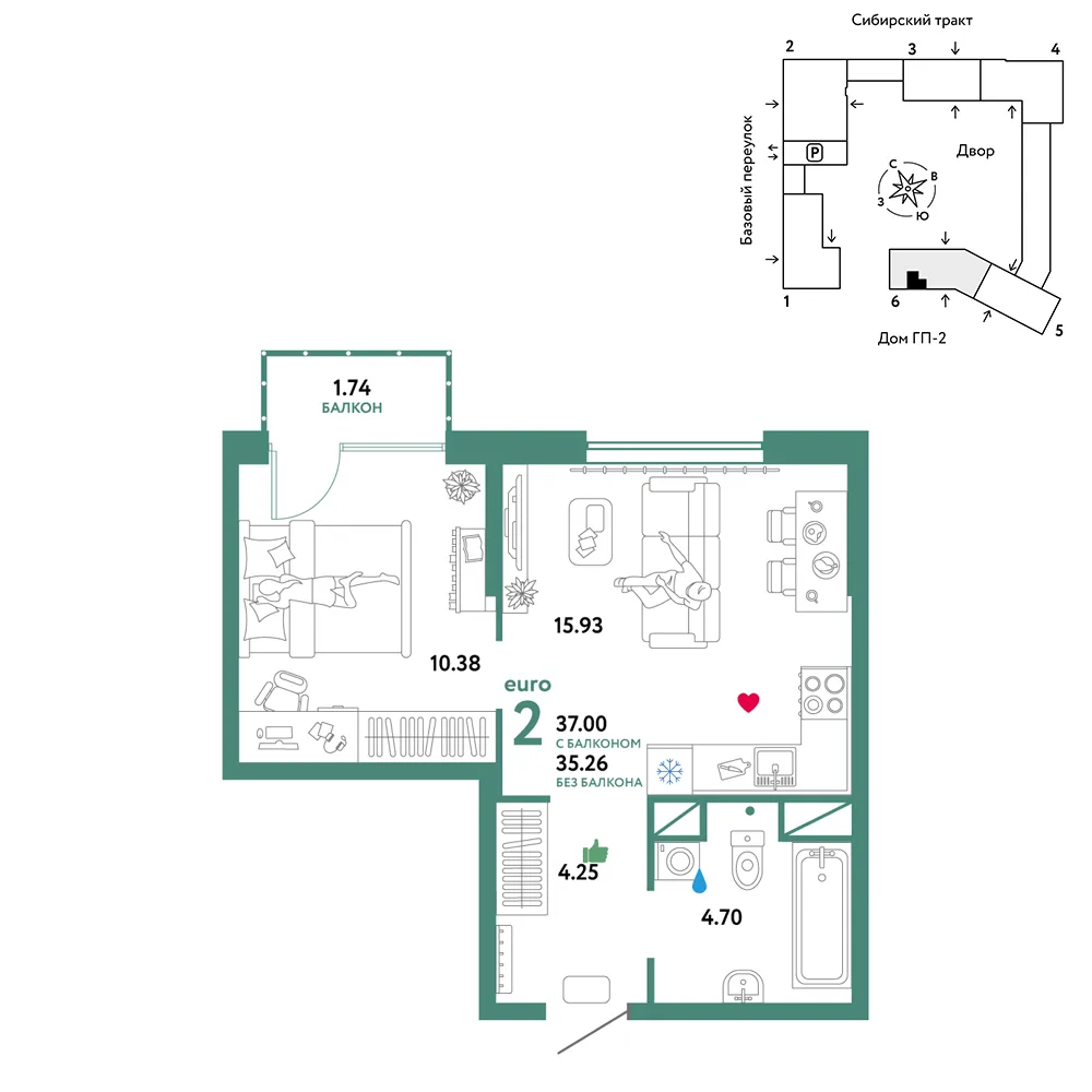 Планировка 2-комн. квартира, 37 м² ЖК «Сибирский сад»