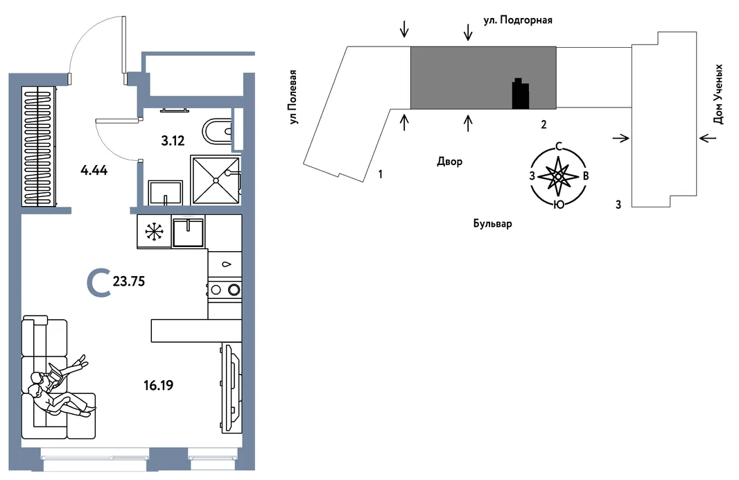 Планировка Студия, 23.8 м² ЖК «Авторский»