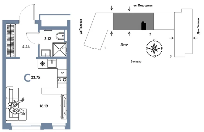 Планировка Студия, 23.8 м² ЖК «Авторский»