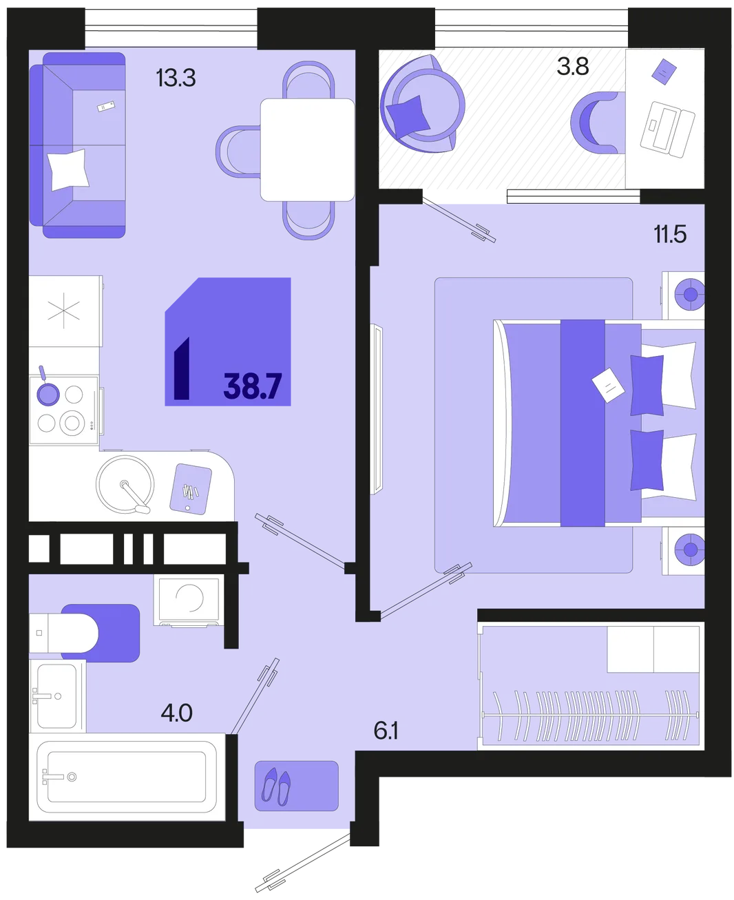 Планировка 1-комн. квартира, 38.7 м² ЖК «Первое место»