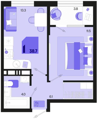 Планировка 1-комн. квартира, 38.7 м² ЖК «Первое место»
