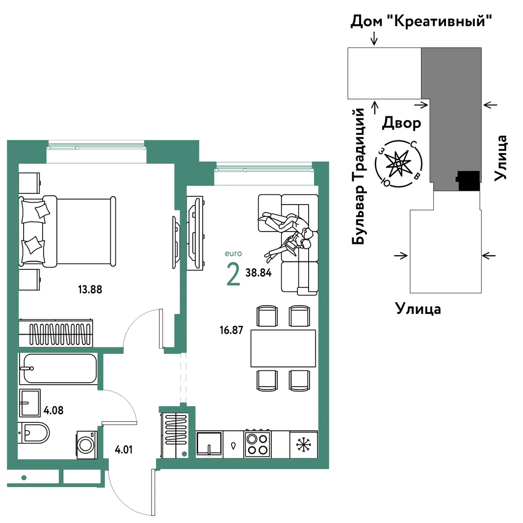 Планировка 2-комн. квартира, 38.84 м² ЖК «Микрорайон Домашний»