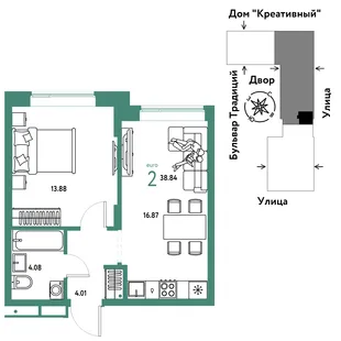 Планировка 2-комн. квартира, 38.84 м² ЖК «Микрорайон Домашний»