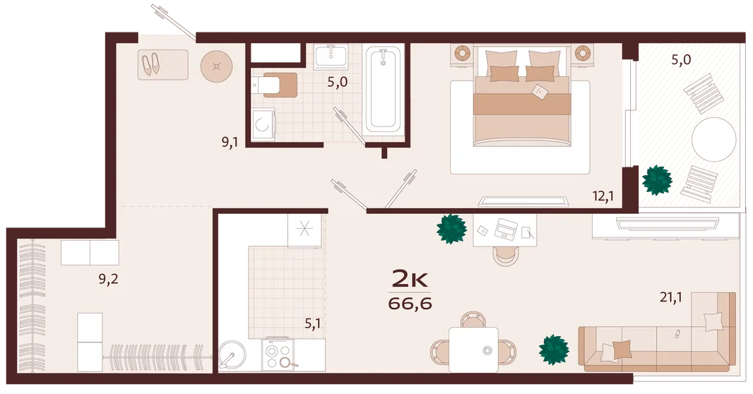 Планировка 2-комн. квартира, 66.6 м² ЖК «Роялта»