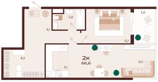 Планировка 2-комн. квартира, 66.6 м² ЖК «Роялта»