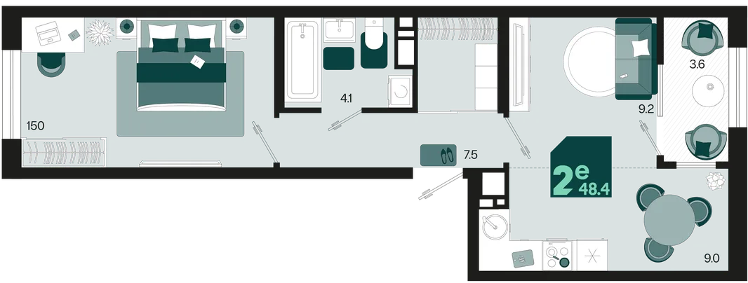 Планировка 2-комн. квартира, 48.4 м² ЖК «Первое место»