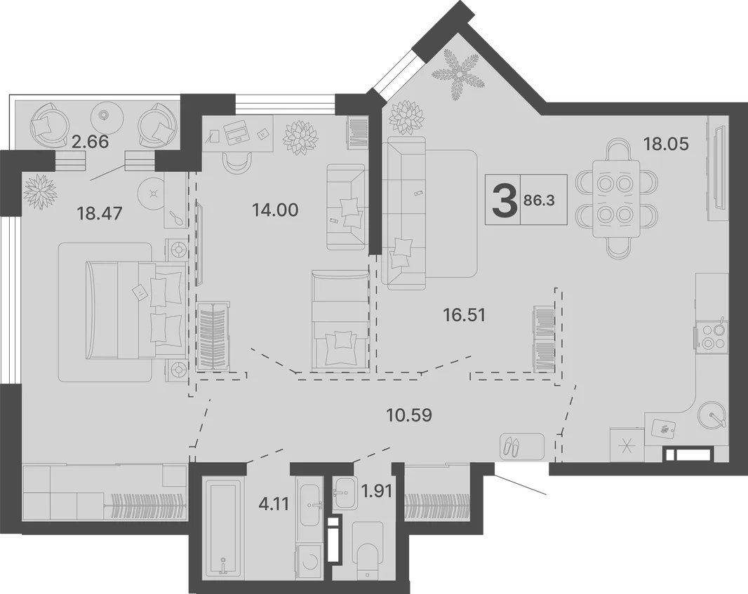 Планировка 3-комн. квартира, 86.3 м² ЖК «Светский лес»
