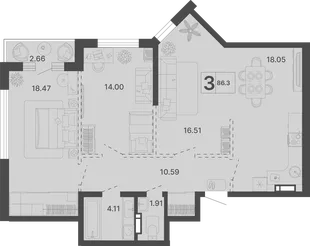 Планировка 3-комн. квартира, 86.3 м² ЖК «Светский лес»