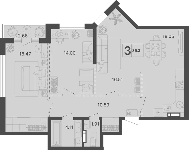 Планировка 3-комн. квартира, 86.3 м² ЖК «Светский лес» Планировка 3-комн. квартира, 86.3 м² ЖК «Светский лес»