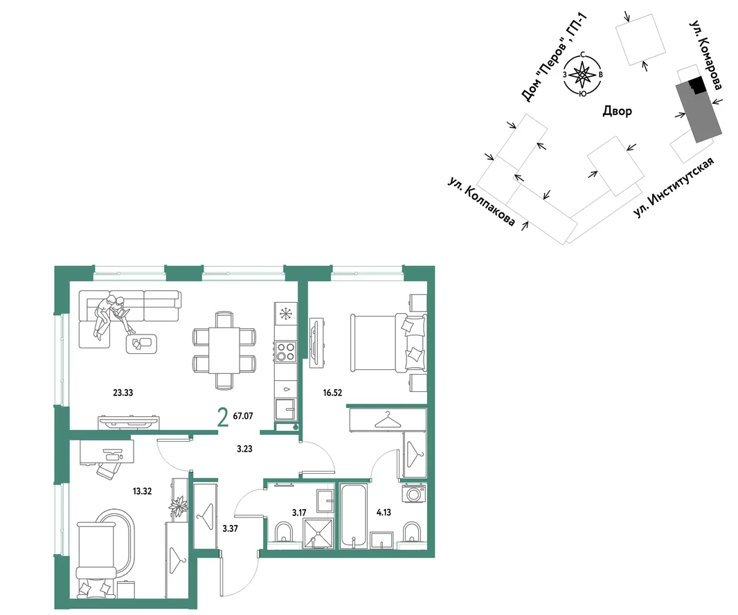 Планировка 2-комн. квартира, 67.07 м² ЖК «Страна.Парковая»
