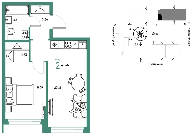 Планировка 2-комн. квартира, 43.66 м² ЖК «Страна.Энтузиастов»