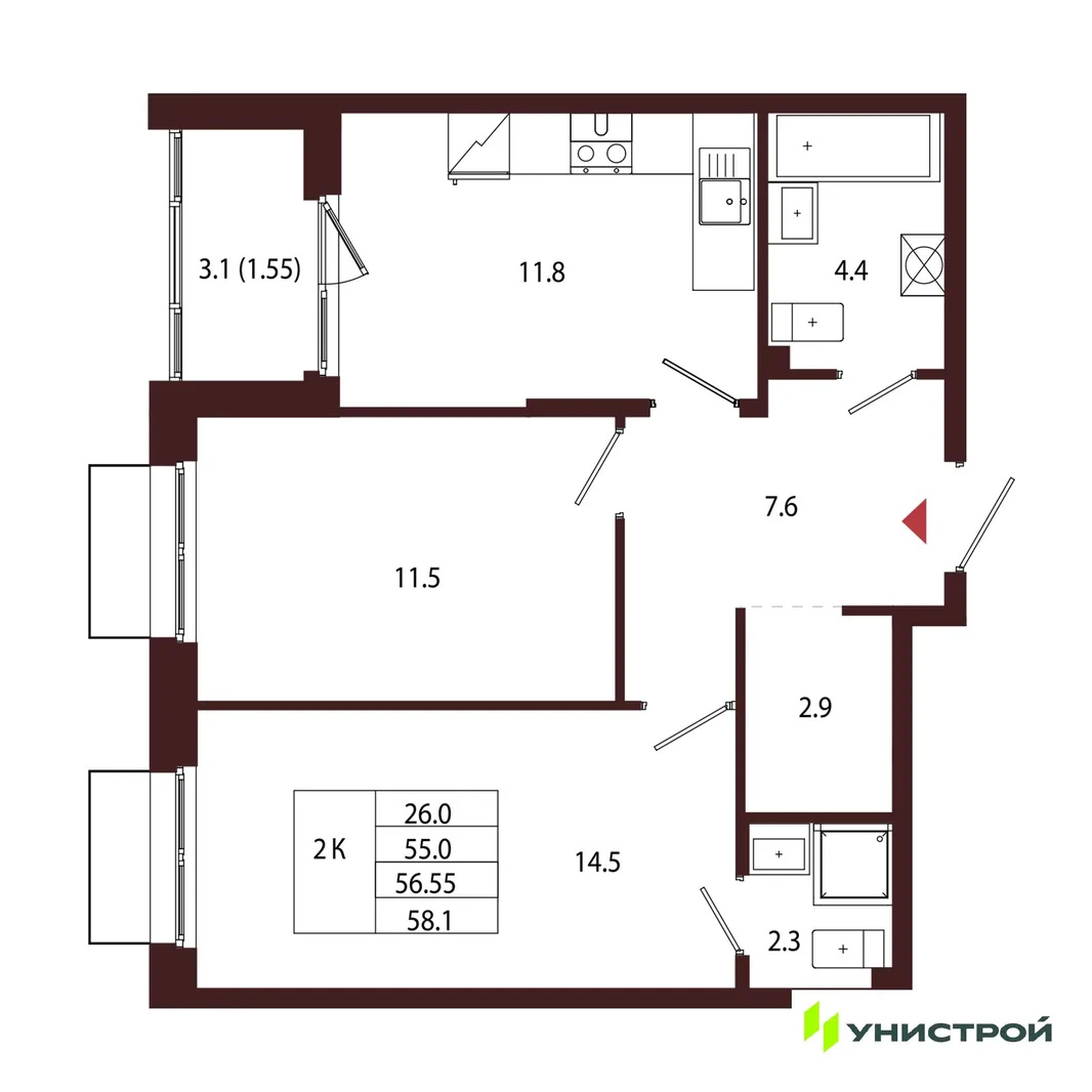 Планировка 2-комн. квартира, 56.55 м² ЖК «Лисино»