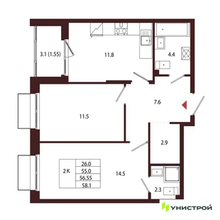 Планировка 2-комн. квартира, 56.55 м² ЖК «Лисино»