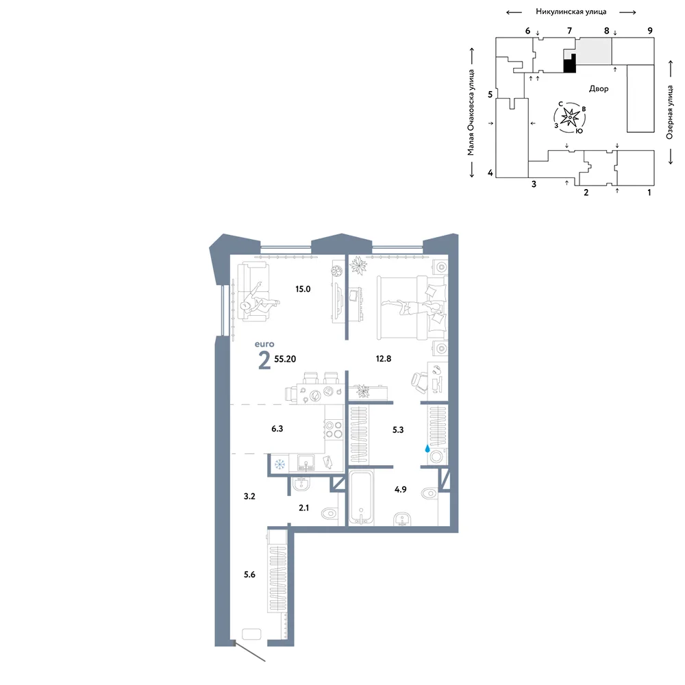 Планировка 2-комн. квартира, 55.2 м² ЖК «Страна.Озёрная»