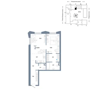 Планировка 2-комн. квартира, 55.2 м² ЖК «Страна.Озёрная»