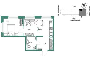 Планировка 2-комн. квартира, 42.17 м² ЖК «Микрорайон Домашний»
