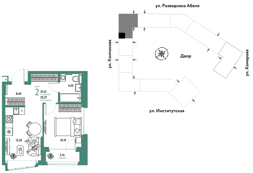 Планировка 2-комн. квартира, 37.51 м² ЖК «Страна.Парковая»