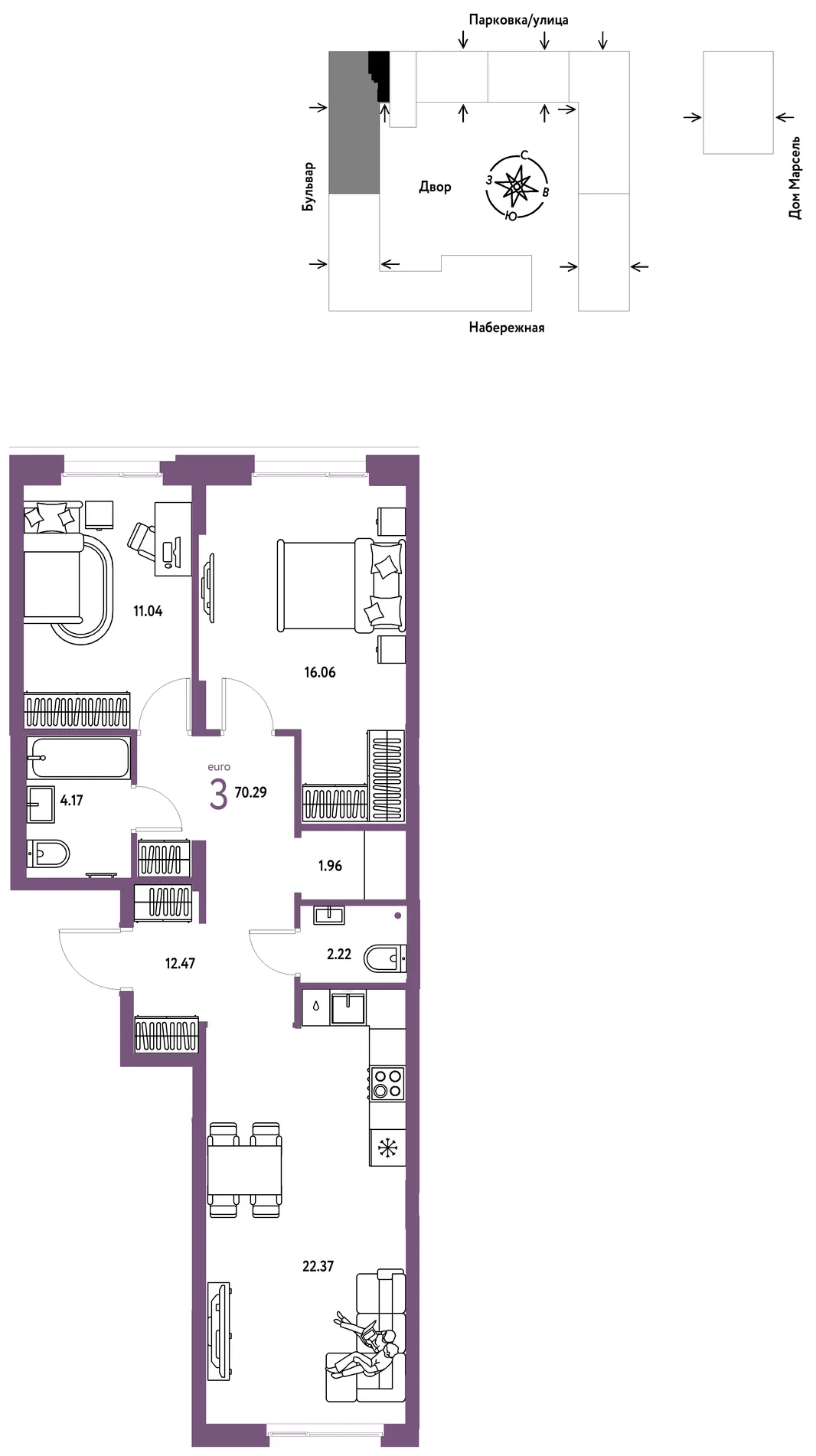 Планировка 3-комн. квартира, 70.29 м² ЖК «Европейский берег 2.0»