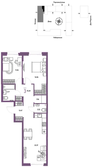 Планировка 3-комн. квартира, 70.29 м² ЖК «Европейский берег 2.0»