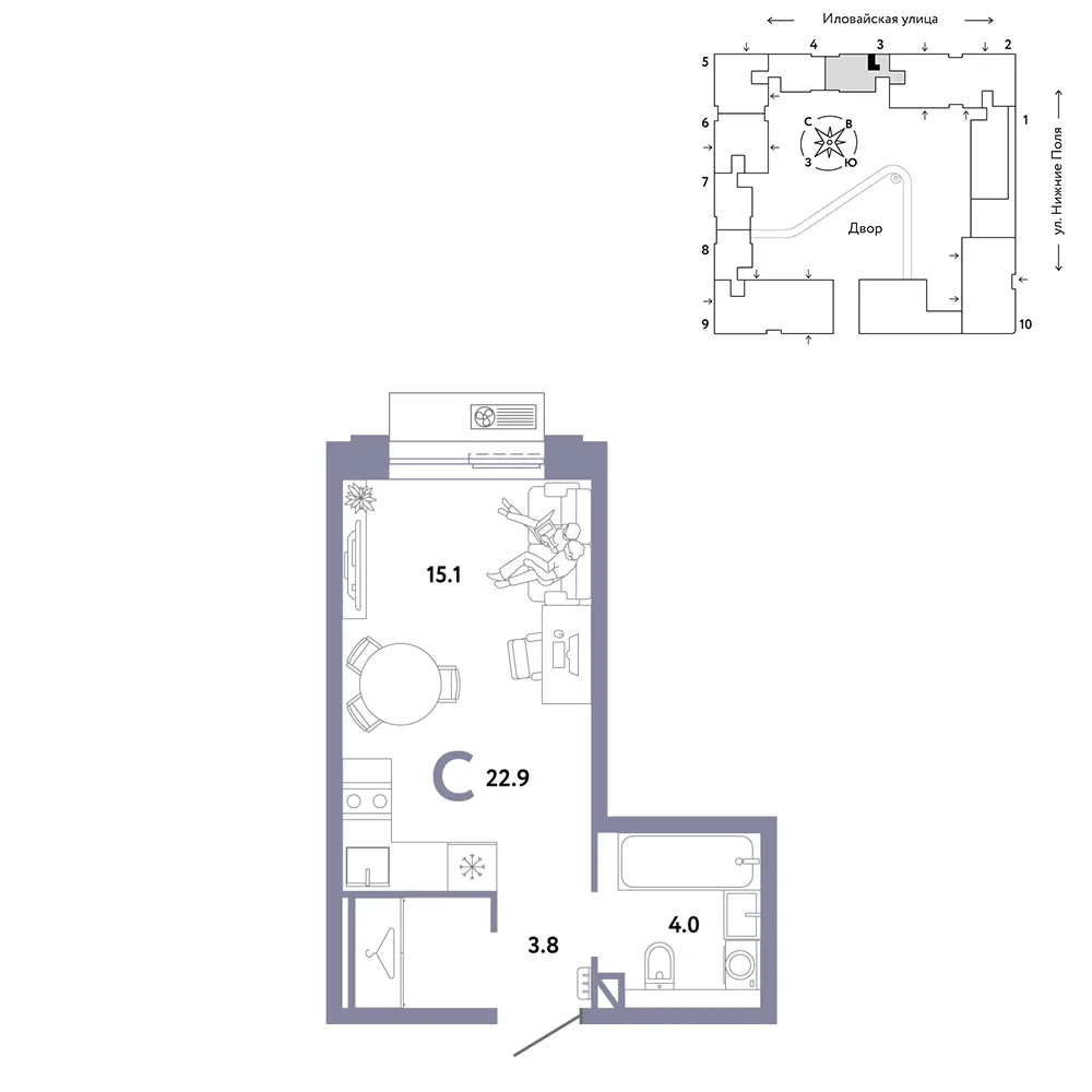 Планировка Студия, 22.9 м² ЖК «Страна.Заречная»