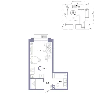 Планировка Студия, 22.9 м² ЖК «Страна.Заречная»