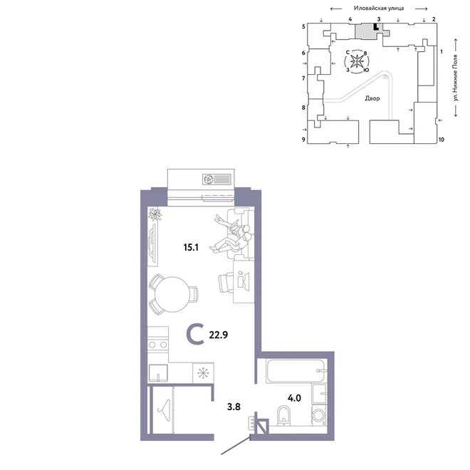 Планировка Студия, 22.9 м² ЖК «Страна.Заречная»
