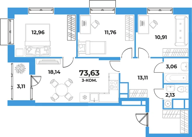 Планировка 3-комн. квартира, 73.63 м² ЖК «На семи холмах» Планировка 3-комн. квартира, 73.63 м² ЖК «На семи холмах»