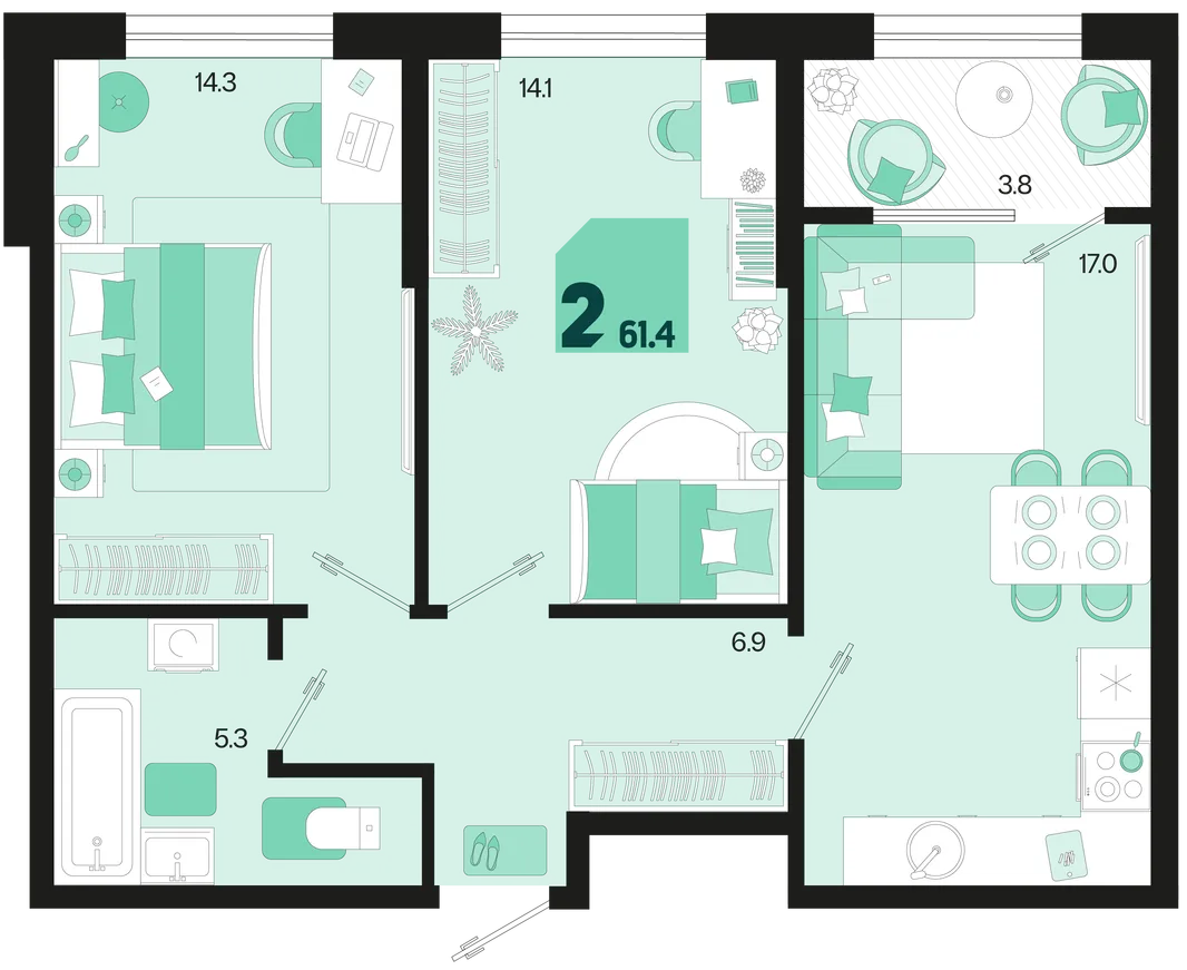 Планировка 2-комн. квартира, 61.4 м² ЖК «Первое место»