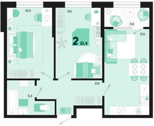 Планировка 2-комн. квартира, 61.4 м² ЖК «Первое место»