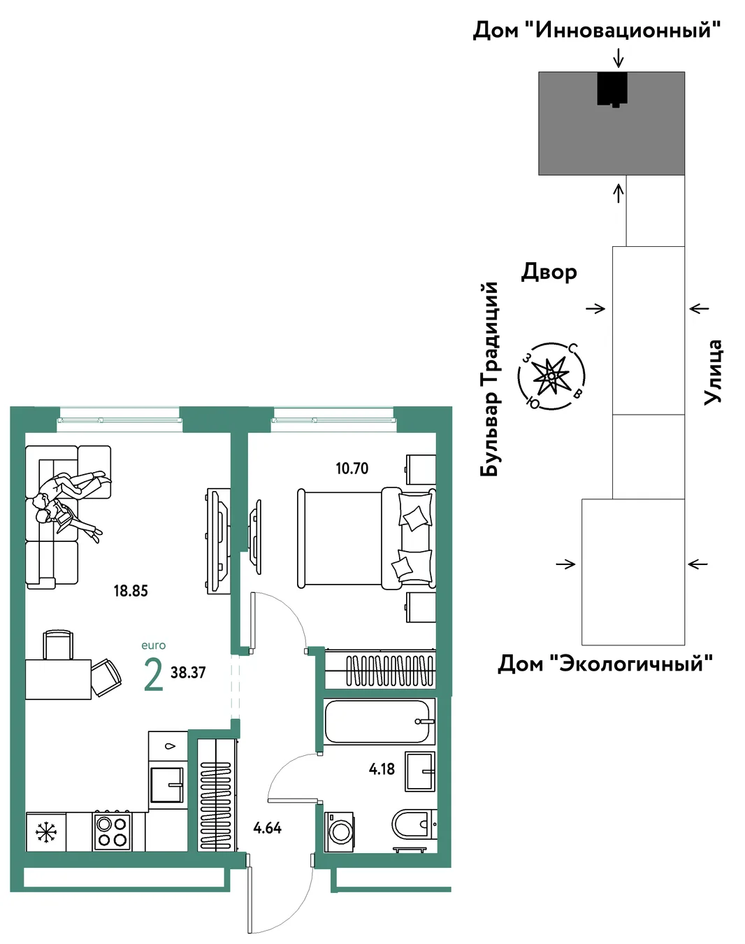 Планировка 2-комн. квартира, 38.37 м² ЖК «Микрорайон Домашний»