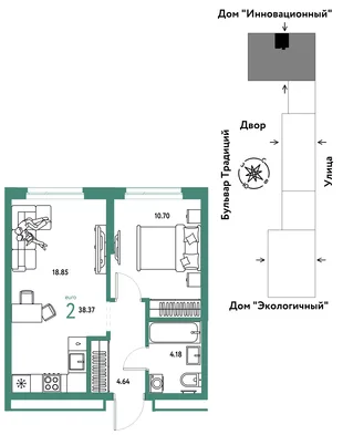 Планировка 2-комн. квартира, 38.37 м² ЖК «Микрорайон Домашний»