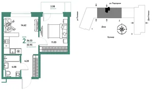 Планировка 2-комн. квартира, 36.64 м² ЖК «Авторский»