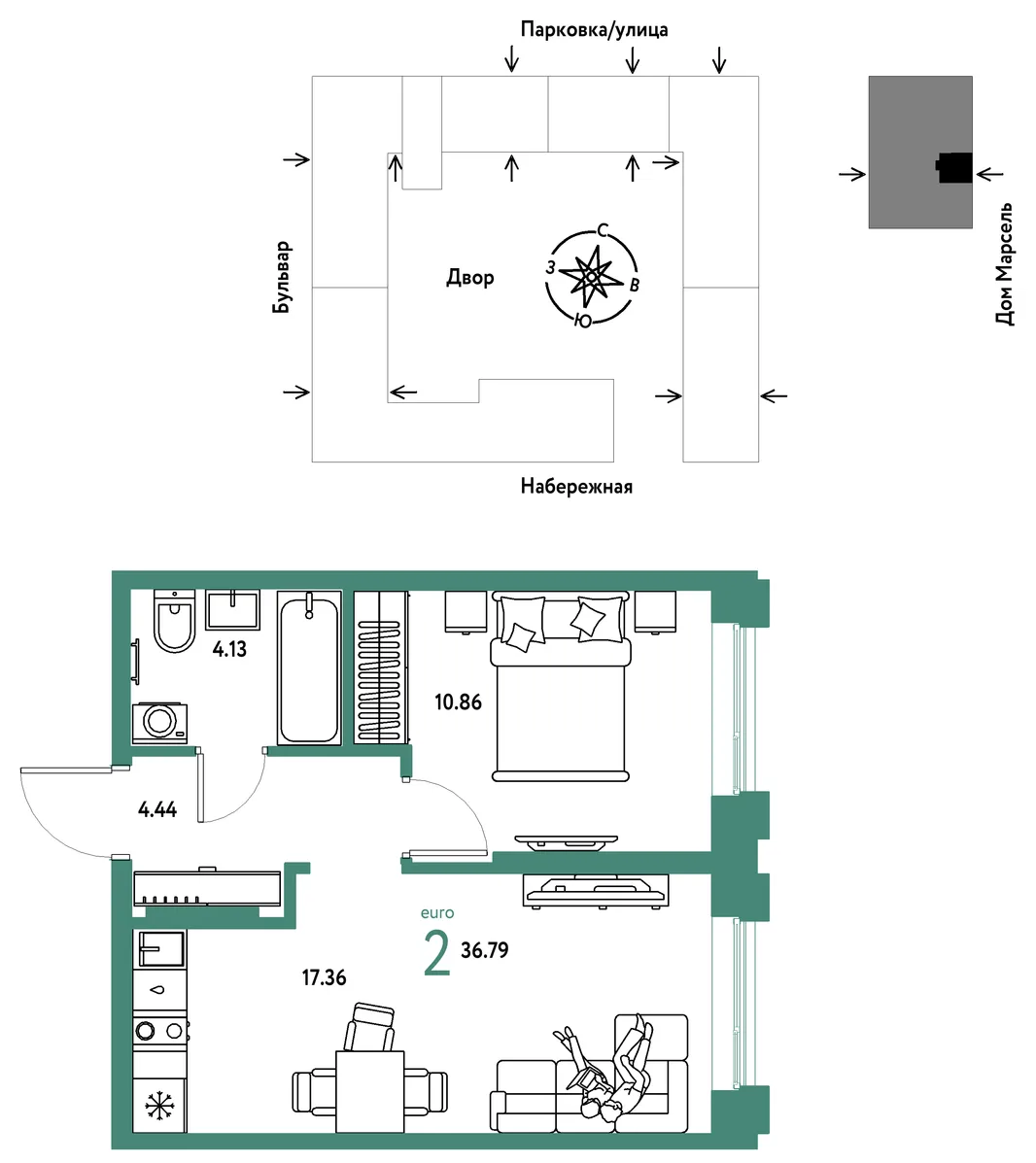 Планировка 2-комн. квартира, 36.79 м² ЖК «Европейский берег 2.0»