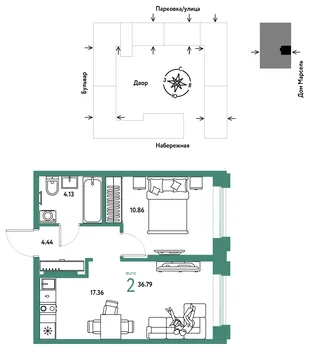 Планировка 2-комн. квартира, 36.79 м² ЖК «Европейский берег 2.0»