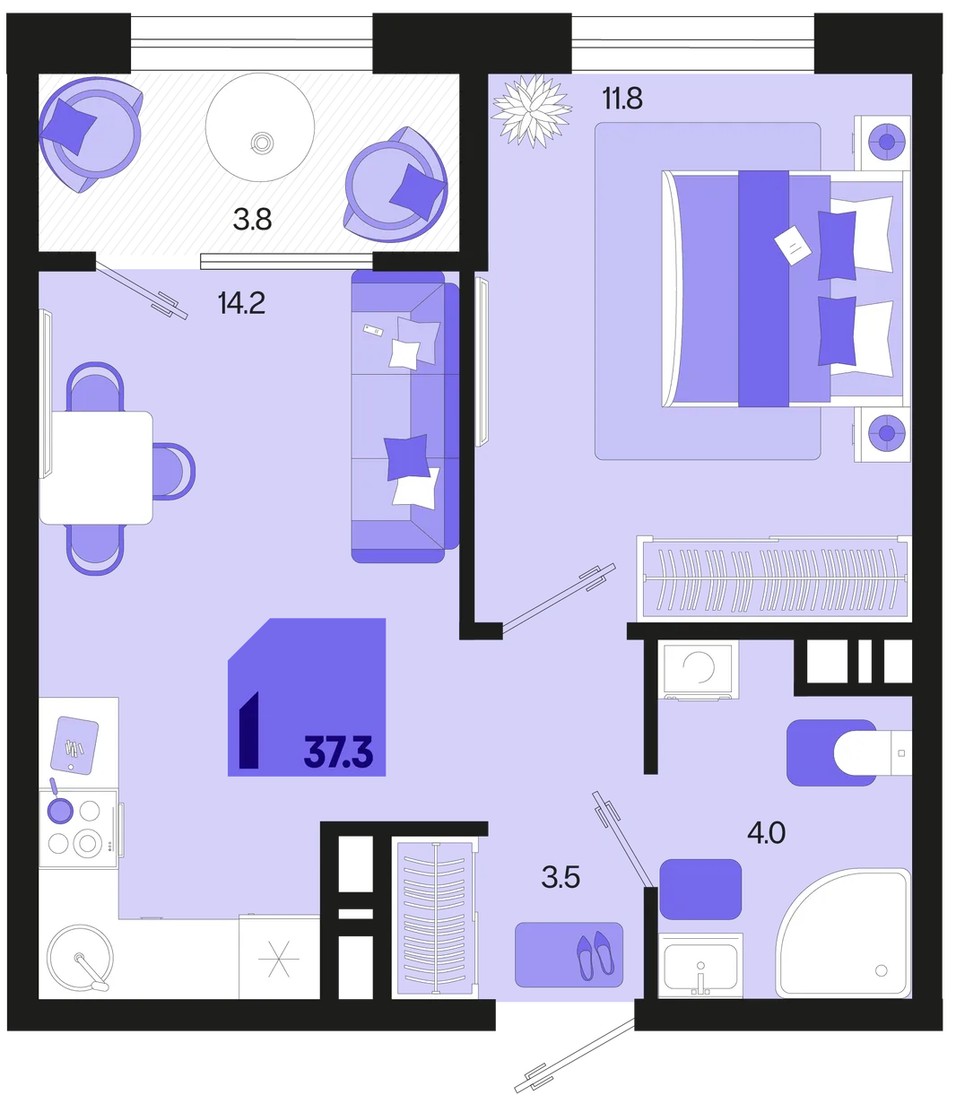Планировка 1-комн. квартира, 37.3 м² ЖК «Первое место»