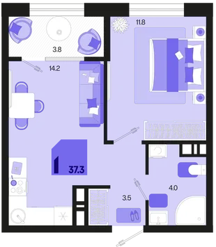 Планировка 1-комн. квартира, 37.3 м² ЖК «Первое место»