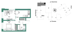 Планировка 2-комн. квартира, 39.4 м² ЖК «Остров-сад»