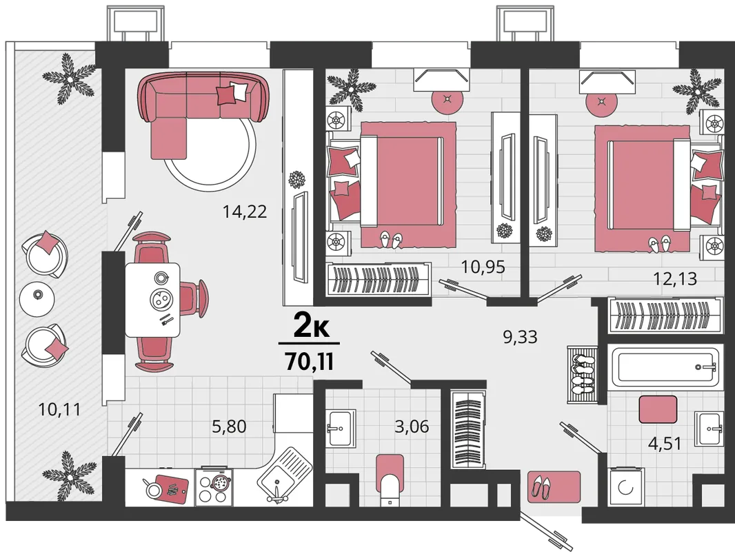 Планировка 3-комн. квартира, 70.11 м² ЖК «Родные просторы»