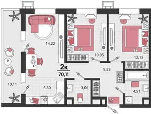 Планировка 3-комн. квартира, 70.11 м² ЖК «Родные просторы»