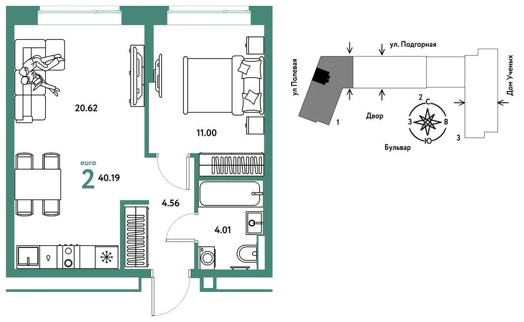 Планировка 2-комн. квартира, 40.28 м² ЖК «Авторский»