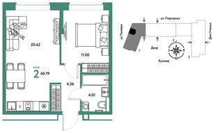 Планировка 2-комн. квартира, 40.28 м² ЖК «Авторский»