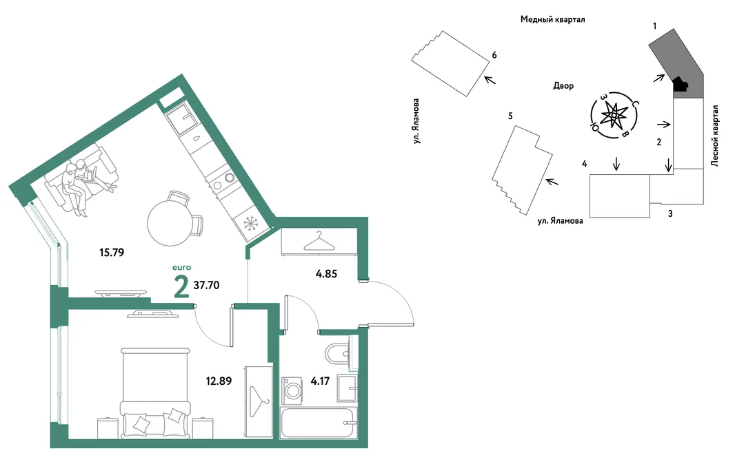 Планировка 2-комн. квартира, 37.7 м² ЖК «Сибирский сад»