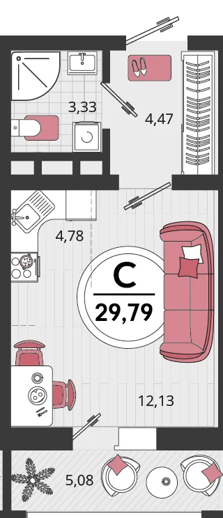 Планировка 1-комн. квартира, 29.79 м² ЖК «Родные просторы»